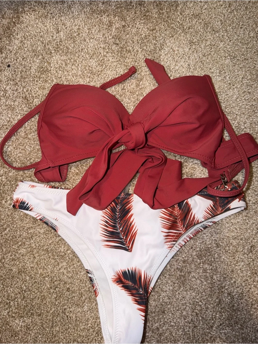 SHEIN Red Tie-Front Bikini Top with White Palm-Print Bottoms